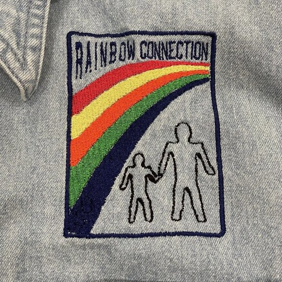 Vintage Sun Belt Denim‎ Shirt Womens Large Embroidered Rainbow Connection Button - Picture 5 of 14